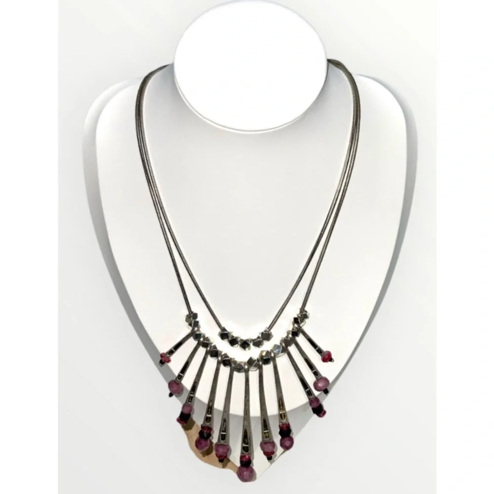 Chico’s Silver Purple Studs Beads Spikes Modern Statement Double Necklace 18-20”